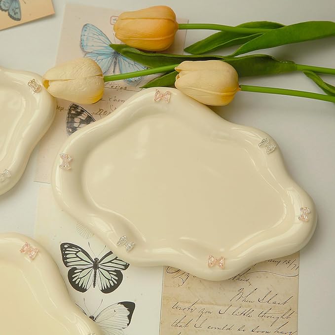 Jewelry Dish Trinket Tray for Women, Ring Dish Holder, Unique Cloud Shape Ceramic Plate Cute Things Vanity Aesthetic Room Decor Mother's Day Birthday (Bow Cream)