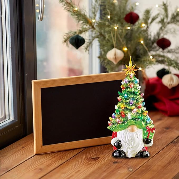 Lighted Ceramic Gnome Christmas Tree, 8 Inch Glowing Tabletop Decor for Home Holiday Christmas Decorations