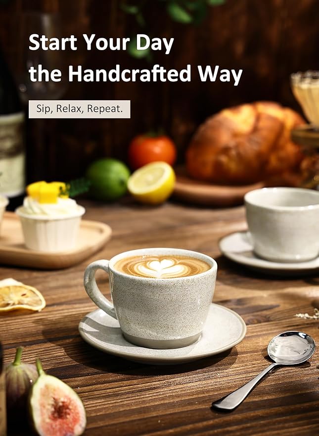 Yedio Stoneware Espresso Cups Set with Saucers, 6 oz Handcrafted Speckled Glaze Coffee Cup and Saucer Set for Cappuccino Latte Coffee Drinks and Tea, Set of 4