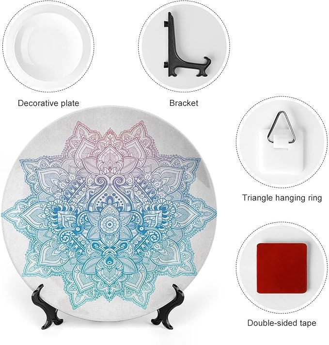 7 Inch Decorative Plate, Lotus Dinner Plate, Bohemian Tattoo Zen Pastel Toned Mandala Abstract Lotus Print Ceramic Wall Hanging for Fine Dining Upscale Events, Dinner Parties, Weddings, Catering