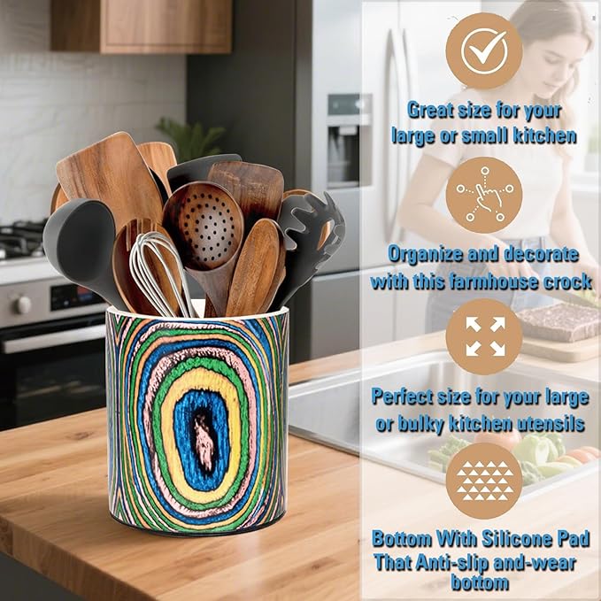 Ceramic Utensil Holder, Wooden Ringed Bohemian Kitchen Countertop Organizer for Spoons & Utensils, Farmhouse Decor for Indoor Kitchen (Round)