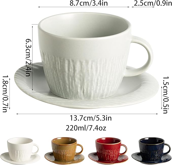 Ceramic Latte Cup with Saucer, 7 oz, Coffee Mug, Espresso Cups for Cappuccino, Milk Tea and Mocha, Dishwasher and Microwave Safe (grey)