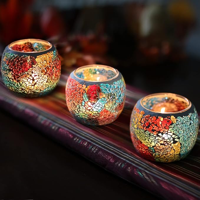 Votive Candle Holders for Table Centerpiece (NO Candles) Wedding Dinner by Candlelight,Tea Light Holders Mosaic Candle Holdes Candlescape Bowl for Valentine's,Christmas Party Decor 1 PC(Rainbow)