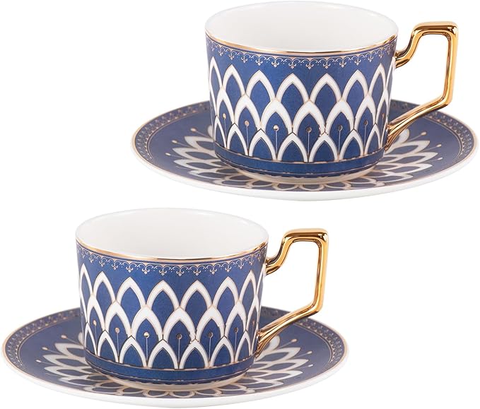 KAMMAK Tea Cups and Saucers Set of 2, Fine Bone China Coffee Cups, Stackable Espresso Mugs, Ceramic Demitasse for Coffee, Cappuccino, Latte, Americano, Tea, Matte Blue