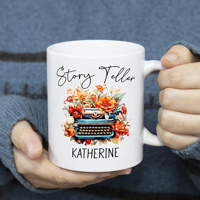 Personalized Writer Ceramic Coffee Mug, Story Teller White Teacup 11 Oz 15 Oz, Customized Name Writer Coffee Cup, Storyteller Mug Gifts for Author Novelist Journalist Writer, Awesome Typewriter Cup