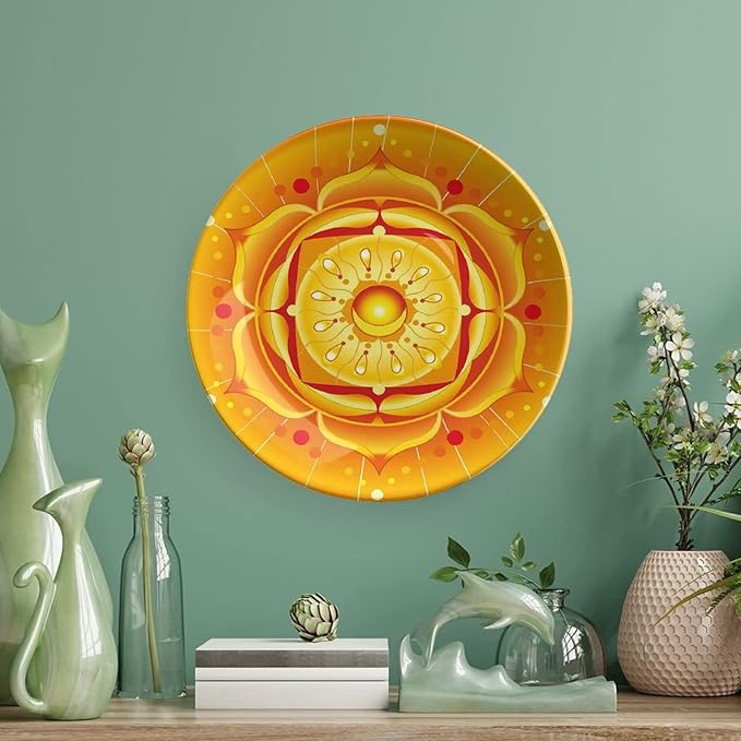 XISUNYA 10 Inch Decorative Plate, Lotus Ceramic Plate, Circular Journey Energetic Body Zen Life Symbol Print Ceramic Wall Hanging Decor Accessory for Dining Table Tabletop Home Decor, Orange Yellow