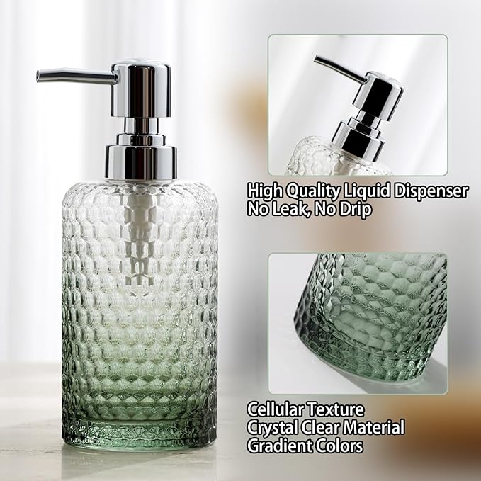 Bathroom Accessories Set, 4Pcs Clear Glass Bathroom Set, Hand Soap Dispenser, Toothbrush Holders, Tumbler, Bar Soap Dish for Modern Bath Decor Organizers and Storage Countertop Sink (Green)