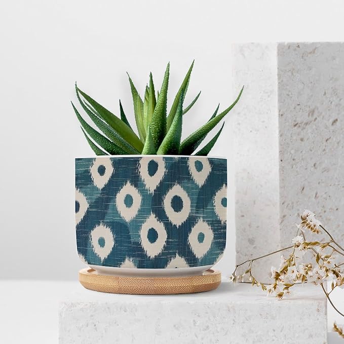 Blue and Ikat Bukhara Ceramic Planters Antique Ikat in Teal Planters for Indoor Plants with Drainage Holes and Saucers Pot for Home Office Desk Garden