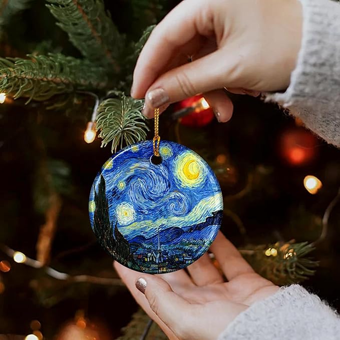 Starry Night Style Ceramic Christmas Ornaments – Artistic Blue Holiday Decor for Tree, Famous Painting Inspired Art Ornament, Elegant Artist Gift