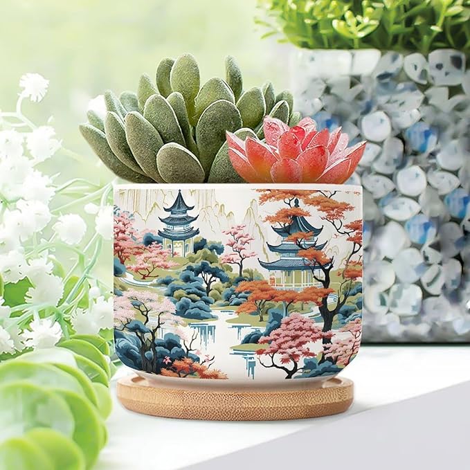 3 Piece Blue Asia Tiered Tower Coral Pink Flower Small Flowers Pots Oriental Chinoiserie Succulent Planters with Drainage Holes Chinoiserie Garden Scenery Planters Ceramic