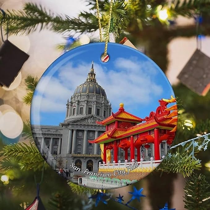 California San Francisco City Hall USA America Christmas Ornaments for Tree Ceramic Pendant Double Sided Ornament Decor Xmas Gifts Porcelain Hanging Travel Souvenirs Birthday Gift for Family Son
