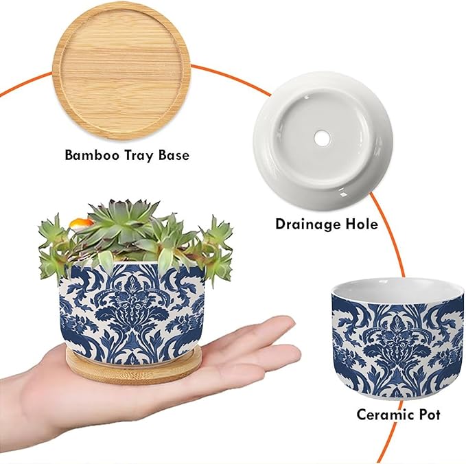 Blue Regalia Lion Small Ceramics Pots for Plants Set of 1 Indigo Blue Flower Lion Asian Ceramics Planter with Drainage and Bamboo Tray Chinoiserie Asian Garden Decor Succulent Pot