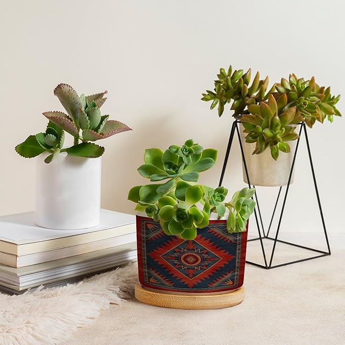 Planters Ceramic The Navajo in Red And Blue with A Blue Border Pattern Ceramic Pots with Drainage Holes Round Flowerpot Bamboo Tray Plant Pots for Succuelnt And Little Snake Plants Pots for Nana