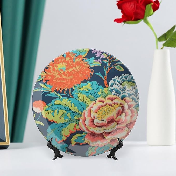 Chinoiserie Peony Floral Decorative Plate for Display Beautiful Exotic Chinoiserie Office Home Supplies Household Kitchen Holiday Party Decorations Customize Gifts for Men Women Birthday