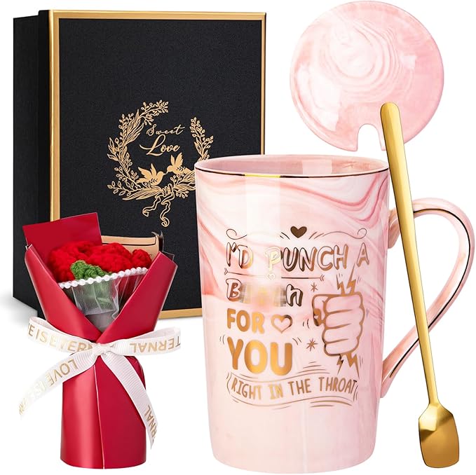 Biching Birthday Gifts for Women, Valentines Day Gifts for Her – 14oz Ceramic Marble Mug with Gold Print and Knitted Bouquet, Funny Gift Set for Mom, Wife, Sister, Bestie, Friendship, Girlfriend
