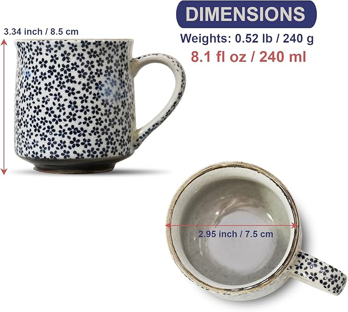 Nostalgic Mino Ware Ceramic Sometsuke Small Mug Cup - Japanese Crafted, Floral Pattern, Comfort Grip Handle, For Coffee and Green Tea or Soup, Matcha Tea, Gift Box Included (Mountain Cherry)