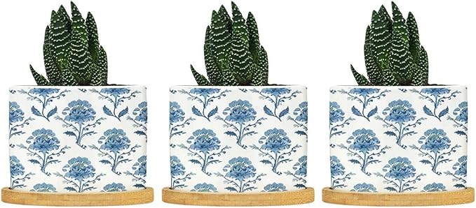 Mughal Flower in Planters Ceramic Blue Floral Round Plant Pot with Drainage Holes and Bamboo Tray Pot for Pots Outdoor Indoor Plants