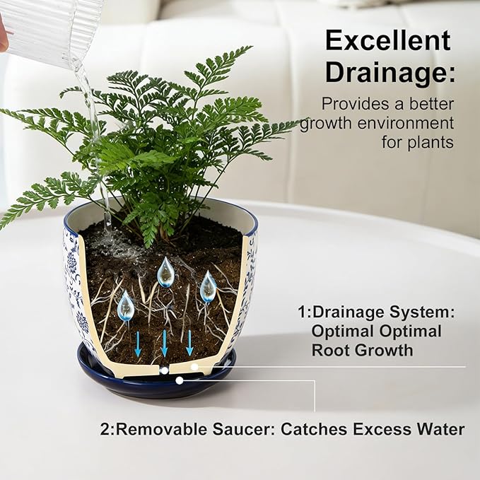 Ceramic Plant Pots - 5.6 Inch Flower Planters with Drainage Holes and Saucers for Indoor Plants Herbs, Succulent, Orchid, Cactus, Outdoor Plants, Home Decor, Set of 4, Vintage Blue
