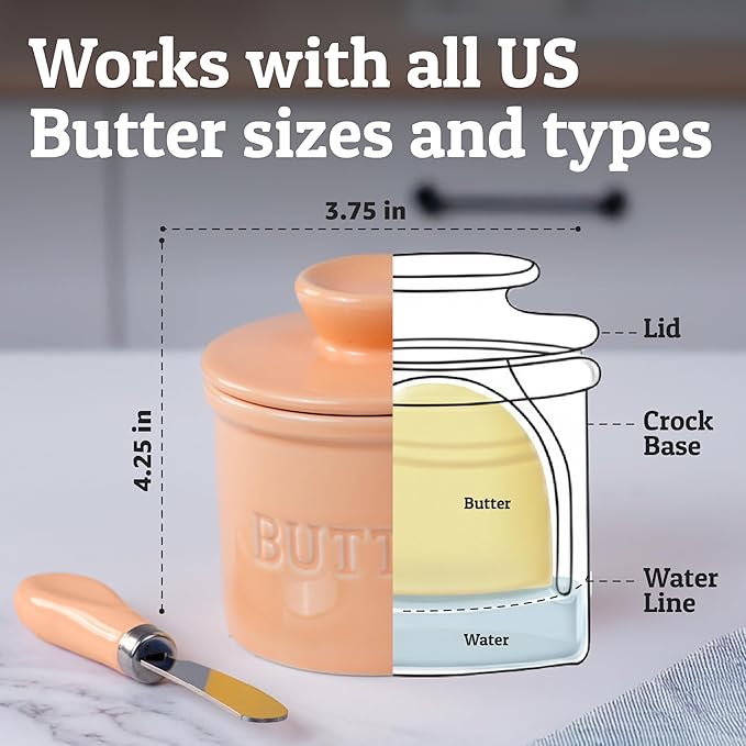 PriorityChef Butter Crock with Lid with Water Line, Ceramic French Butter Dish to Leave On Counter, Peach