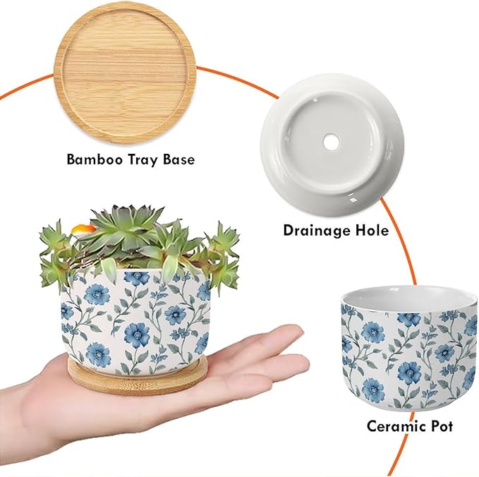 Mughal Flower Small Ceramics Pots Set of 1 Watercolor Blue Mughal Floral Ceramics Pots for Plants with Drainage Bamboo Trays Asian Scenery Chinoiserie Succulent Pot for Indoor