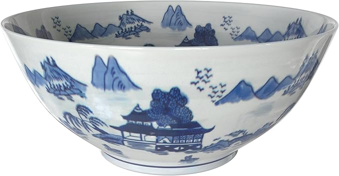 Red Lantern 14" Landscape Blue & White Porcelain Bowl Vase for Centerpiece in Kitchen Dining Living Room Bedroom with Boho Eclectic Modern Contemporary Classic Traditional Style Decor