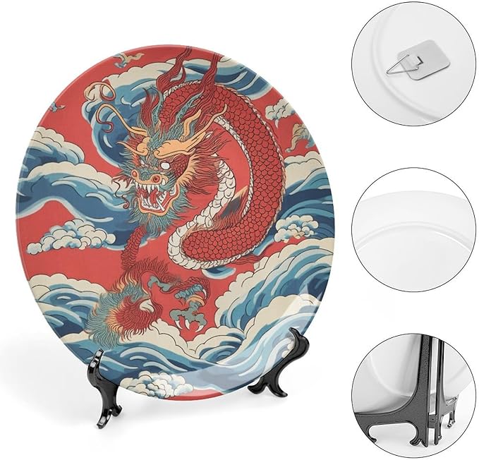 Vintage Plates Red Dragon Chinoiserie Asian Inspired Personalized Decor for Display Home Art Decoration Club Hanging Decorative Tiles with Vertical Stand, Multi Sizes by Choosing, Gifts for Men Women