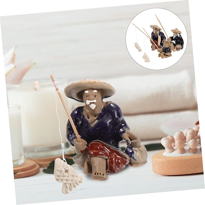3Pcs Ceramic Miniature Fisherman Figurine Set for Fish Tank Garden Decoration Asian Fisherman Statues Detailed Craftsmanship for Aquatic Landscapes