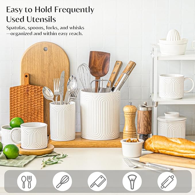 INSETLAN Ceramic Utensil Holder Set – 7.1" & 5.4" Kitchen Utensil Organizers for Countertop, Arch-Design Utensil Crocks for Farmhouse Decor & Kitchen Counter, Perfect Housewarming Gift