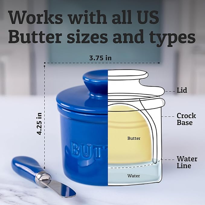 PriorityChef Butter Crock with Lid with Water Line, Ceramic French Butter Dish to Leave On Counter, Dark Blue