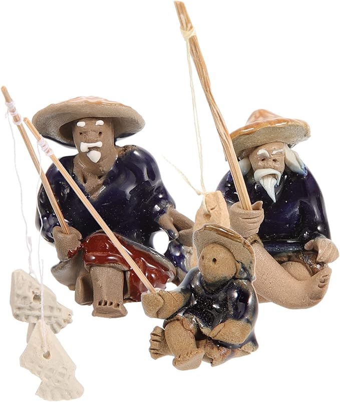 Mikikit 12pcs Miniature Fisherman Figurines Ceramic Old Man Statues for Garden Decor Bonsai and Aquariums Realistic Fishing Models for Landscape and Zen Gardens