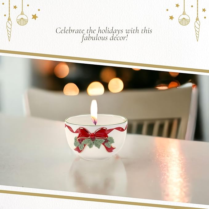 Spode Christmas Tree Ribbons Tea Light Candle Holder, 22K Gold Accents on Fine Earthenware, 3.75" Votive Candle Holder & Festive Holiday Decor - Ideal for Christmas Table Centerpieces