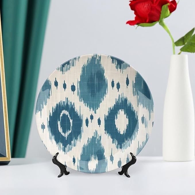 Plates Ceramic Blue Ikat Customize Decor for Club Housewarming Gifts Art Decoration Home Chinese Plates with Display Stand And Hook Up, Multi Sizes by Choosing, Gifts for Men Women