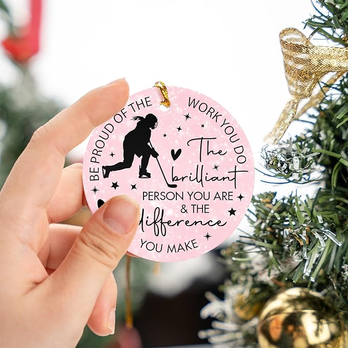 Ice Hockey Christmas Ornament -Round Ceramic 3", Holiday Tree Decoration Keepsake, Hockey Player Christmas Gifts for Girls