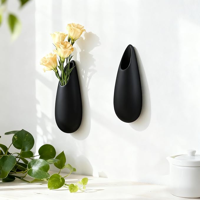 Sculptural Wall Ceramic Vase — 2 Pack Black Hanging Sconce Vase | Turn Flowers into Art — Decorative Ceramic Wall Sconce for Single Stem Displays