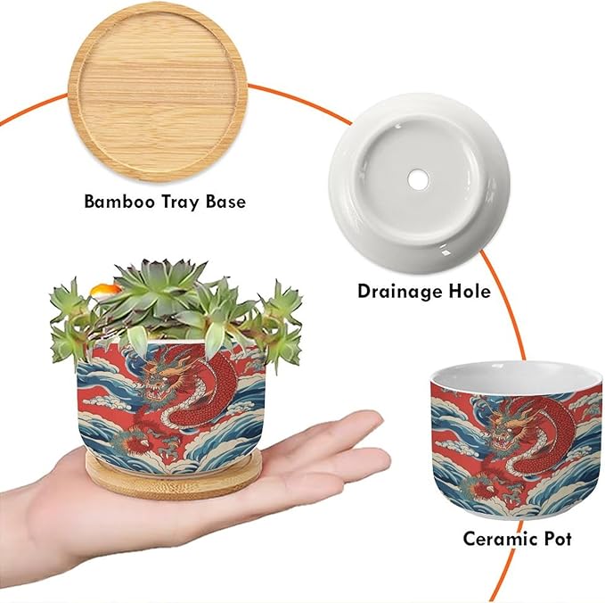 Red and Auqa Dragon Small Ceramics Pots for Plants Set of 1 Chinoiserie Dragon Ceramics Planter with Drainage Holes Chinoiserie Succulents Plant Pot Birthday Gift