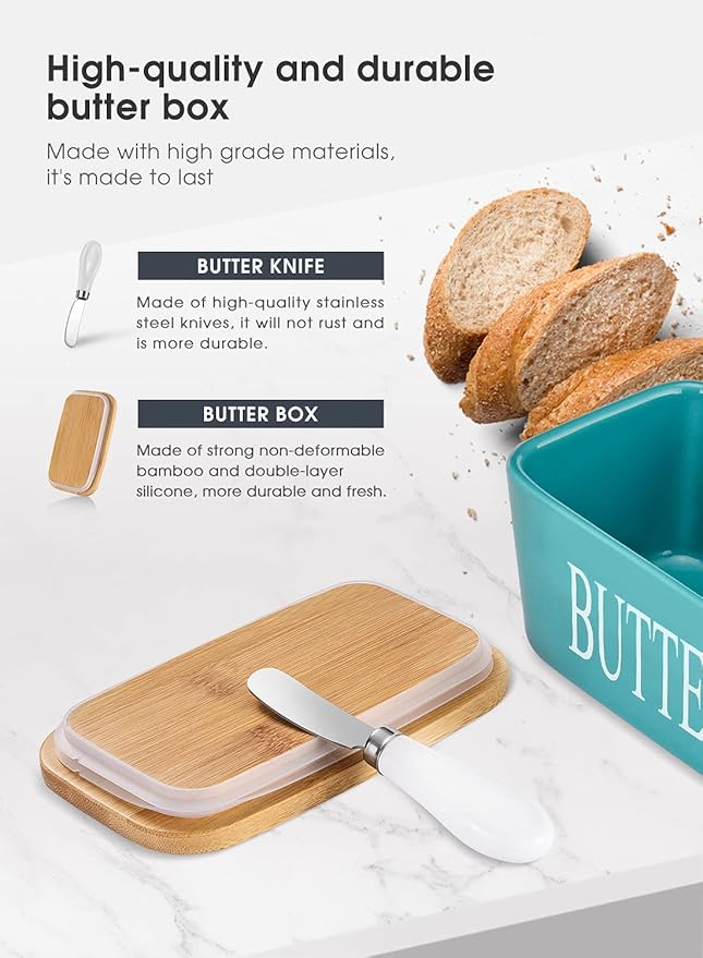 Butter Dish with Lid, Home Decor, Large Butter Dish for Countertop Ceramic Butter Keeper Container with Knife and High Quality Silicone Sealing Butter Box Good Kitchen Gift Turquoise