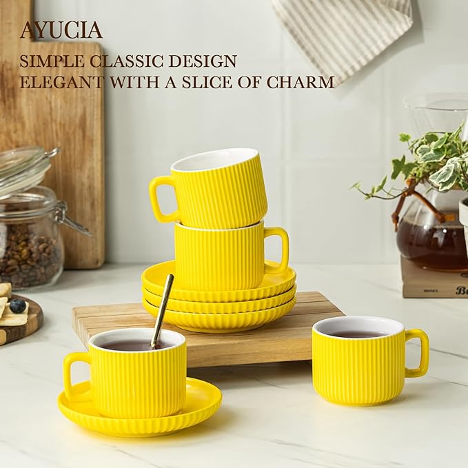 5 Ounce Espresso Cups Set of 4, Small Coffee Cups with Saucers and Spoons, Yellow Ceramic Demitasse Espresso Mugs