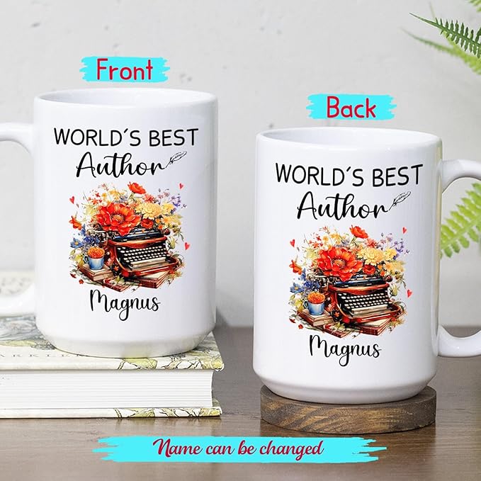 Personalized Best Author Ceramic Coffee Mug, World's Best Author Coffee Cup, Custom Name Author Teacup 11 Oz 15 Oz, Author White Cup, Writing Lover Mug Gifts For Men Women, Unique Storyteller Mugs