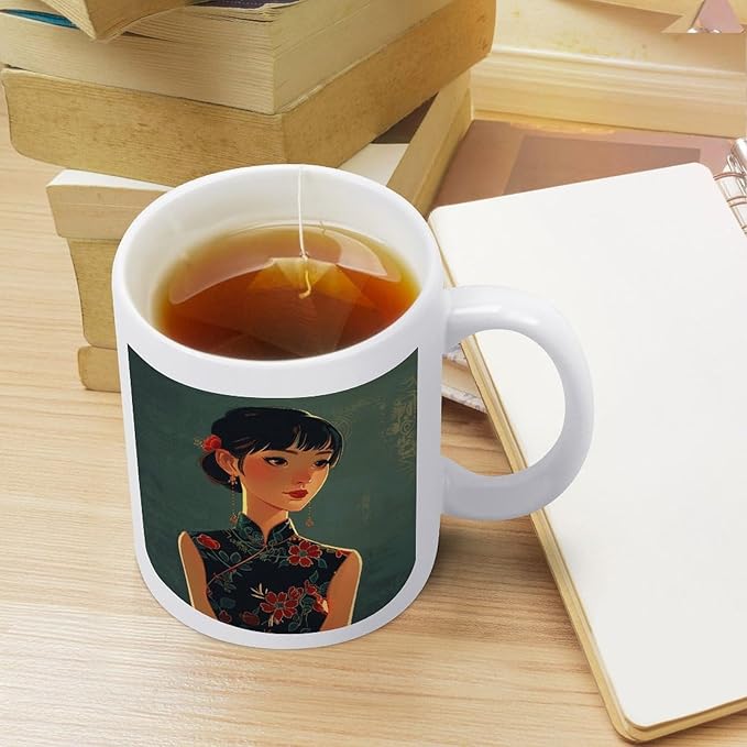 Asian Women Style Coffee Mugs Modern Ceramic Coffee Cups with Patterns Porcelain Tea Cups with Large Handles for Women Men Dishwasher And Microwave Safe