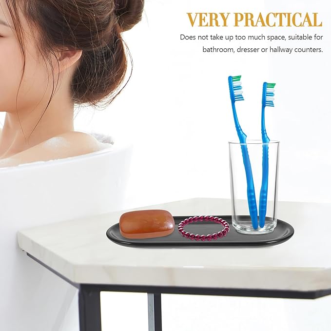 Oval Ceramic Vanity Tray Compact Dark Countertop Storage Organizer for Bathroom Dresser Jewelry Holder Cosmetic Container