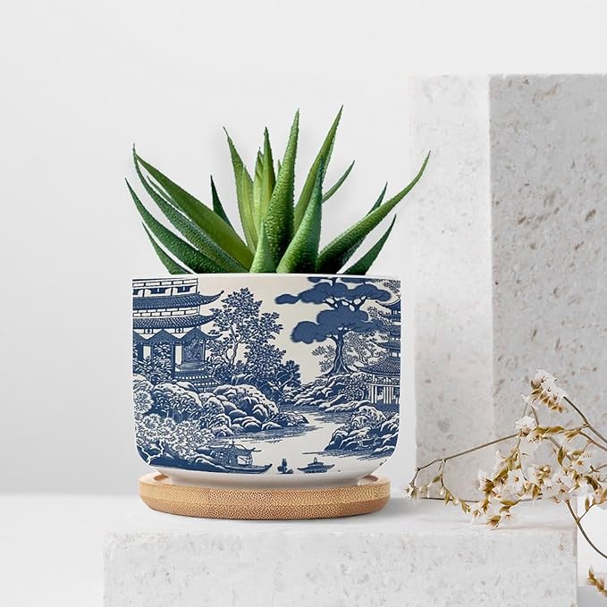 Planters Ceramic Chinoiserie Blue And White Porcelain Pattern Ceramic Pots with Drainage Holes Round Flowerpot Bamboo Tray Plant Pots for Succuelnt And Little Snake Plants Pots for Nana Grandma