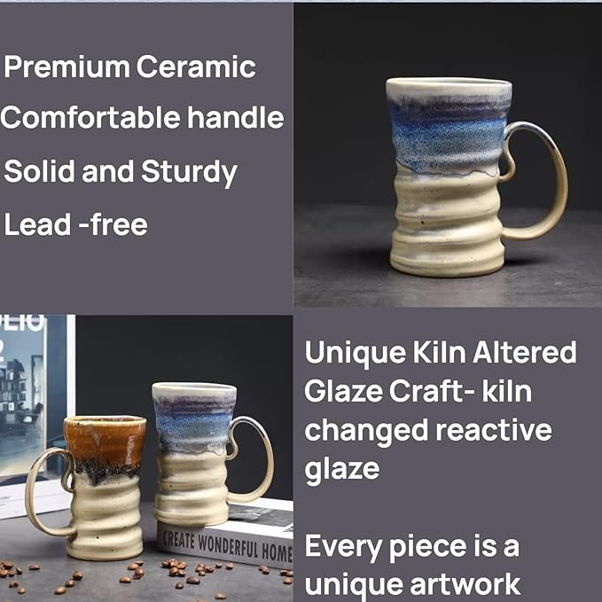 17oz Large Unique Cool Tall Handmade Ceramic Coffee Mug with Comfortable Big handle, Big Pottery Tea Mug, Artisanal Stoneware Coffee cup, Rustic Lead-free Tea Cups, Microwave safe,Biege and Brown