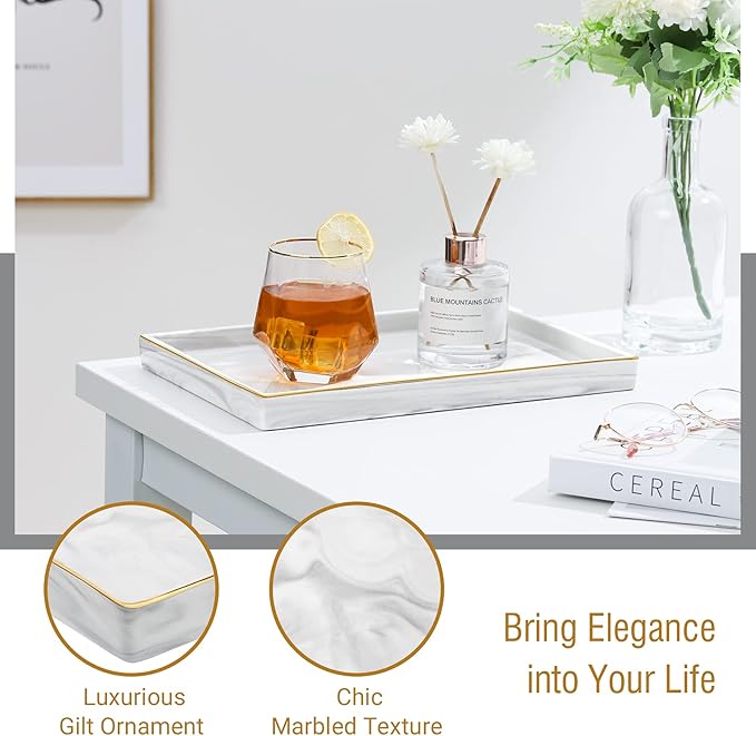 Shinowa Ceramic Vanity Tray, Bathroom Counter Tray Marble Finish Perfume Tray Rectangle Decorative Tray for Vanity Dresser Bathroom Countertop Living Room Kitchen, Large Size - Marble White