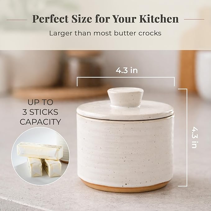 Premium Ceramic Butter Crock with Water Seal | Large 3-Stick Capacity Farmhouse French Butter Keeper | Speckled Stoneware & Natural Clay | Gift-Ready Packaging, Keeps Butter Soft & Spreadable