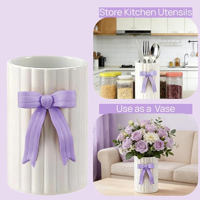 Handmade Purple Bow Ceramic Utensil Holder, 3D Coquette Cooking Utensil Crock for Kitchen Counter, Preppy Storage Caddy Organizer Vase Decor for Kitchen Countertop