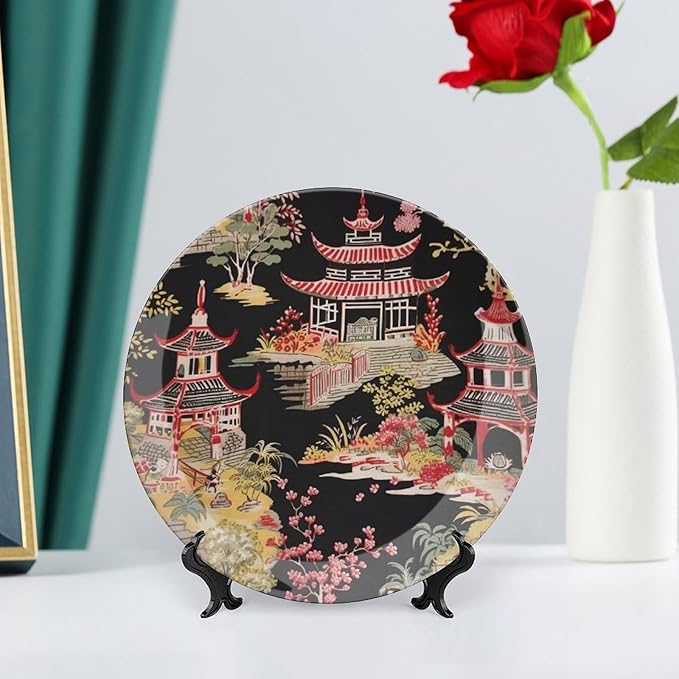 Chinoiserie Charcoal Coral Pagoda Asian Ceramic Decorative Plate, Ancient China Chinoiserie Pagoda Customize Hanging Decorative Tiles for Display Household Home Decor, with 1 Display Stand Art Decor