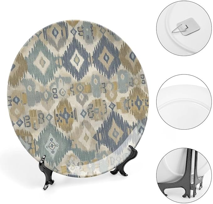 Custom Gifts Fashion Plates, Thibaut Boho Ikat in Navy Blue Wall Hanging Decorative Plate Wedding Including Bracket And Special Hook, Rust Decor for Farmhouse Office Club, 6", 7", 8", 10"