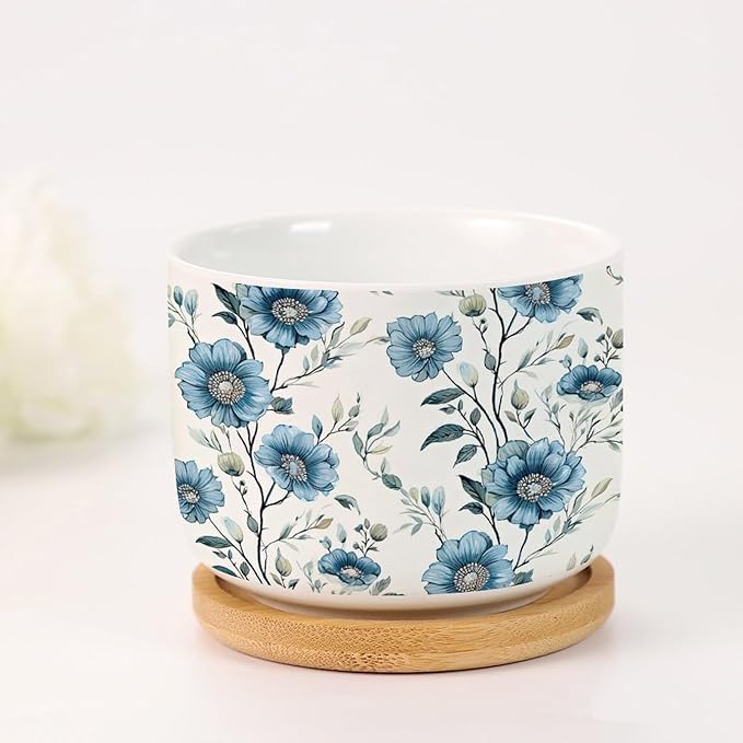 Set of 2 Chinoiserie Blue Floral Small Pot for Flowers Mughal Flower Ceramics Planter with Drainage Bamboo Trays Chinoiserie Chic Pots for Succulents Indoor