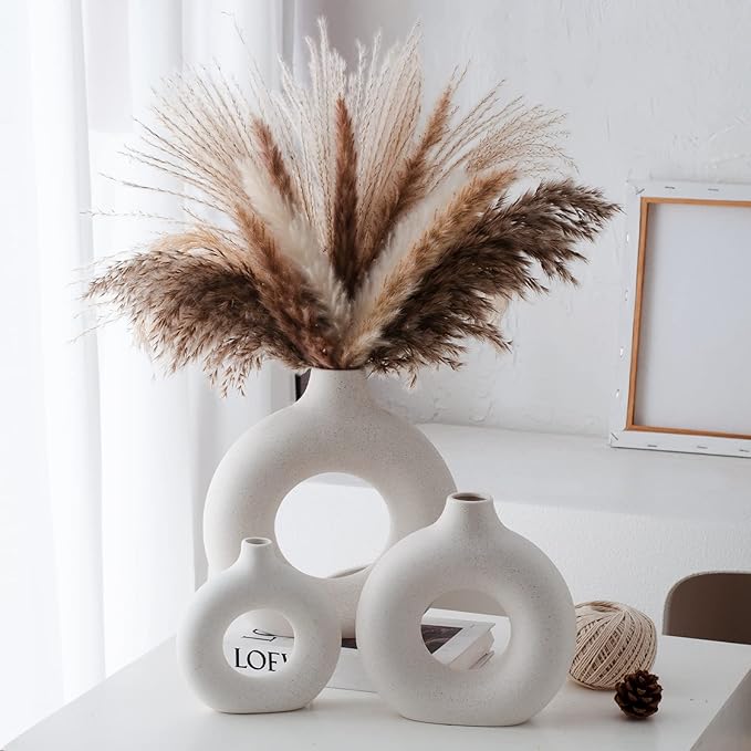 White Ceramic Donut Vase Set of 2, Big Hollow Round Matte Pampas Flower Vases for Boho Home Wedding Party Room Dinner Table Shelf Decor.