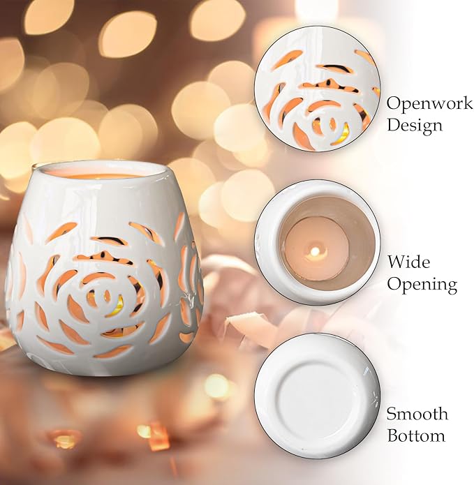 White Ceramic Rose Hollow Candle Holder – Creative Aromatherapy Essential Oil Burner, Wax Melt Diffuser & Tealight Candle Holder for Home Bedroom Decor, Perfect Christmas & Housewarming Gift